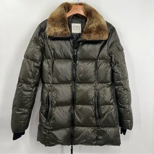 S13 Glossy Green Down Feather Puffer Coat with Faux Fur Trim